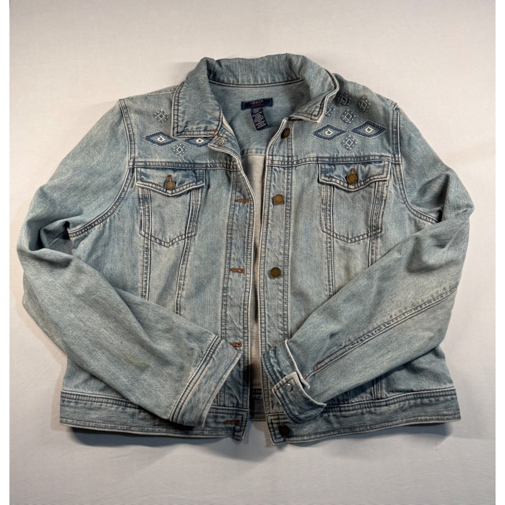 Chaps Denim Jacket Womens XL Blue Light Wash Embroidered Southwestern Trucker